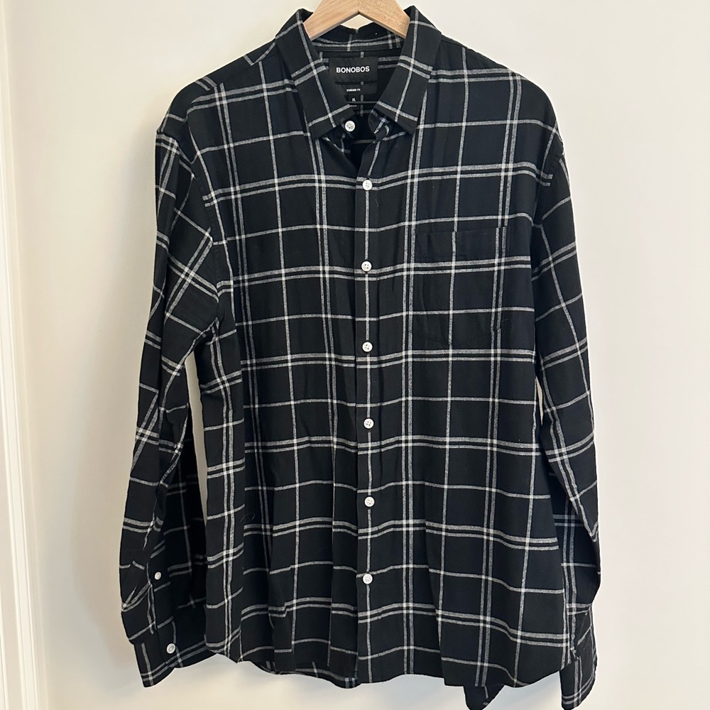 Men’s Bonobos Long Sleeve Flannel Button Down Shirt, Black/White Windowpane